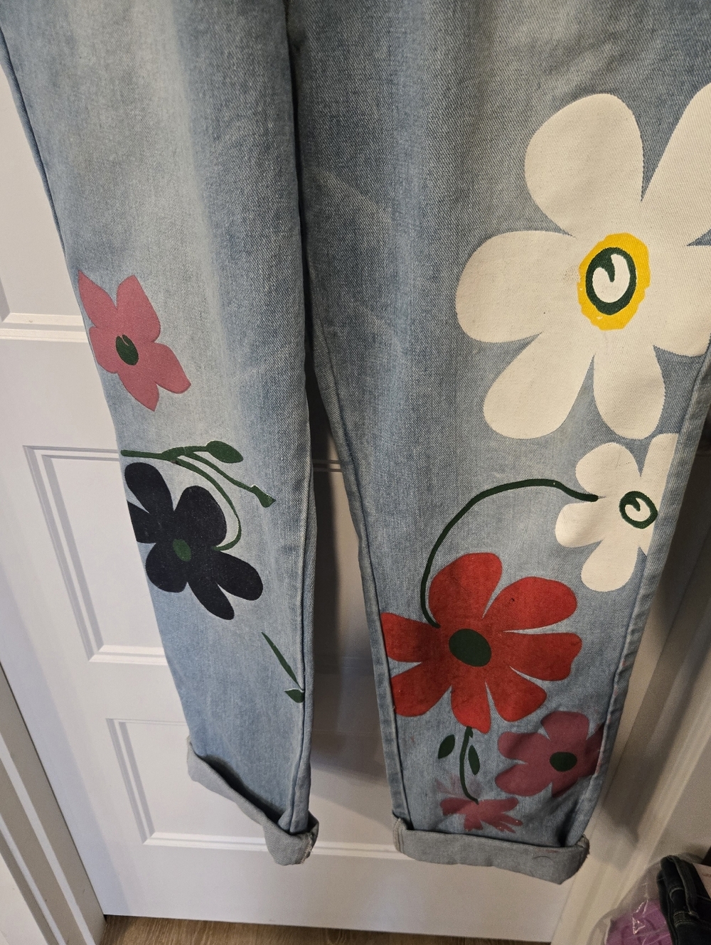NWOT! MISSLOOK Denim Overalls with Multicolor Painted Floral Prints. Size L - Picture 6 of 7